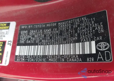 2011 Toyota Corolla S z USA, uszkodzony, nr VIN 2T1BU4EE6BC598323